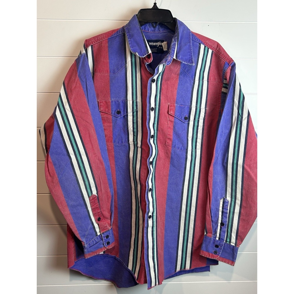 VTG Wrangler Red Purple Stripes 90s BrushpopperShirt 17-35 Cowboy Western